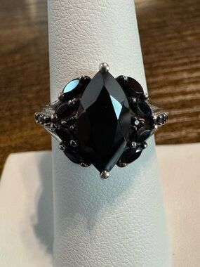 Black Marquise Statement Ring 925 Sterling Silver DK Gothic Cocktail Ring Size 7